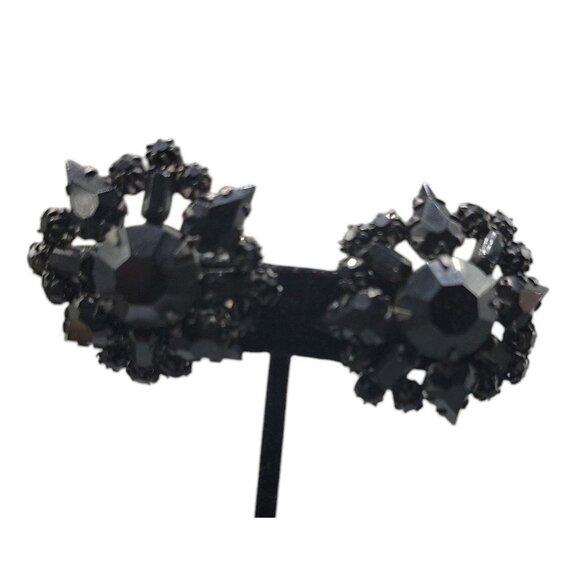 Schreiner New York Runway Style Clip On Earrings Black Rhinestone Cluster VTG - Picture 4 of 16